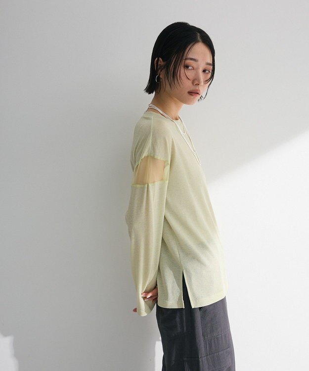 Green Parks シアー切替長袖プルオーバー Lime Green