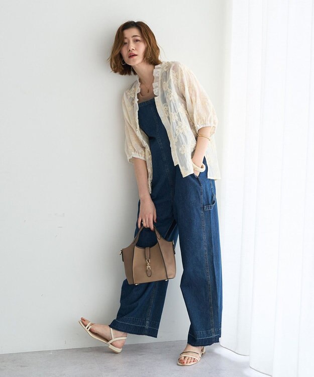 YECCA VECCA フリルVネック刺繍シアーシャツ Ivory