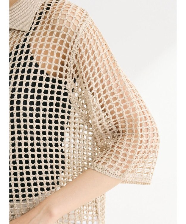 Green Parks メッシュ編み襟付きカーディガン Ecru