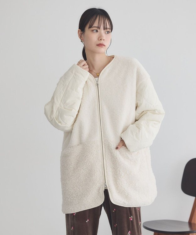 earth music&ecology ボアキルトミドルコート Ivory