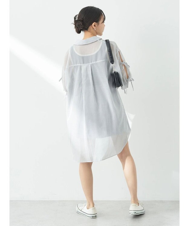 earth music&ecology 袖スリットリボンロングシャツ Gray