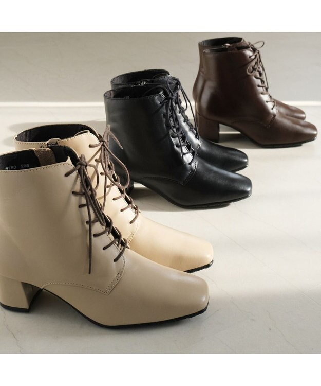 Pointer 内側ファスナー 本革レースアップショートブーツ ベージュ