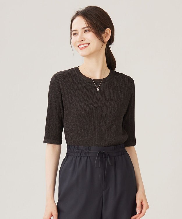 自由区 L 【カタログ掲載・アンサンブル対応・洗える】グリッターリブプルオーバー ニット ダークブラウン