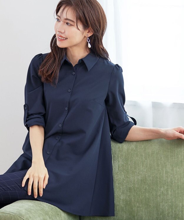 Tiaclasse 【洗える】フレアシャツチュニックブラウス ネイビー
