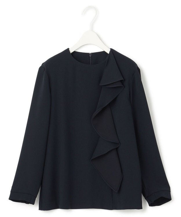 ICB L 【洗える】ライトダブルクロス フリルデザインブラウス ネイビー系