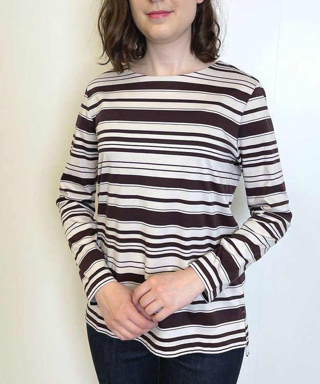 自由区 【洗える】コットンポンチボーダー クルーネック カットソー ブラウン系ボーダー