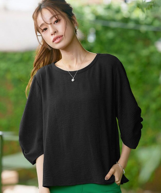 Tiaclasse 【洗える】麻調タックブラウス ブラック