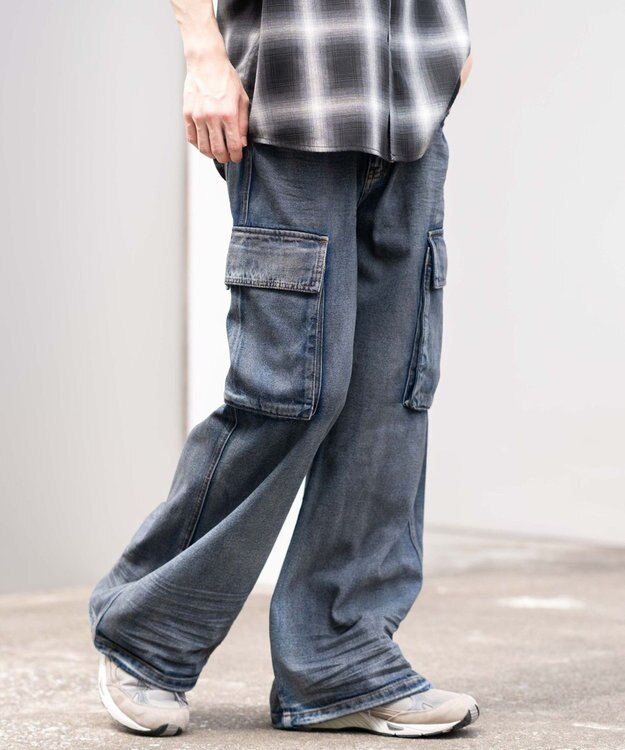 WEGO ローライズバギーフレアデニムカーゴパンツ デニム淡加工色
