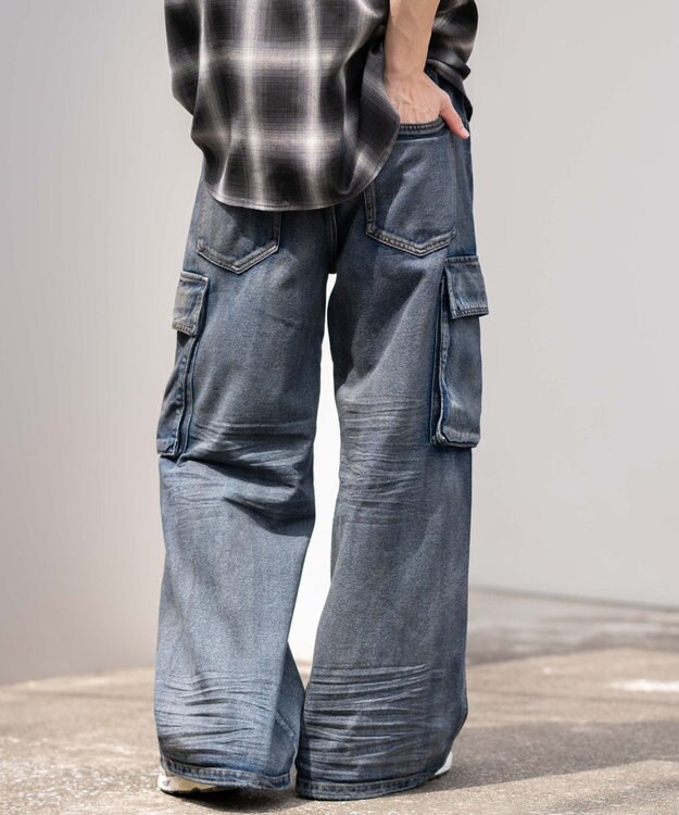 WEGO ローライズバギーフレアデニムカーゴパンツ デニム淡加工色