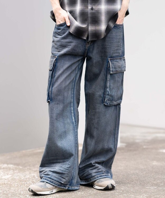 WEGO ローライズバギーフレアデニムカーゴパンツ デニム淡加工色