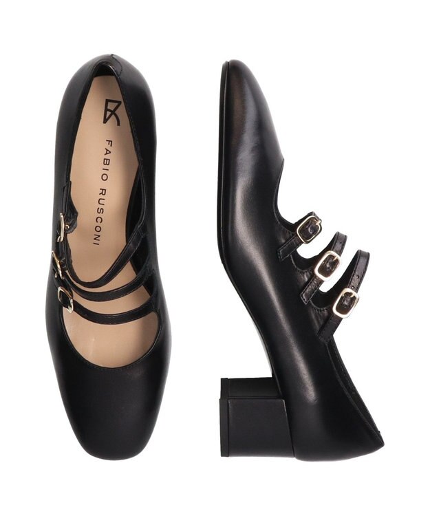INTER-CHAUSSURES 【FABIO RUSCONI】スクエアトウトリプルストラップパンプス ブラック