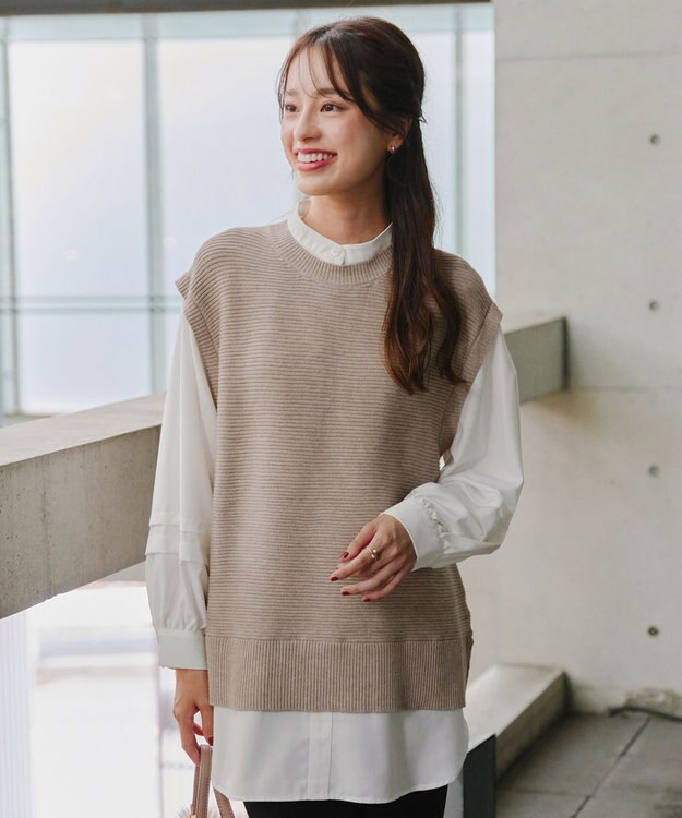 Tiaclasse L 【新色追加・2way・洗える】シャツドッキングニットベスト ベージュ