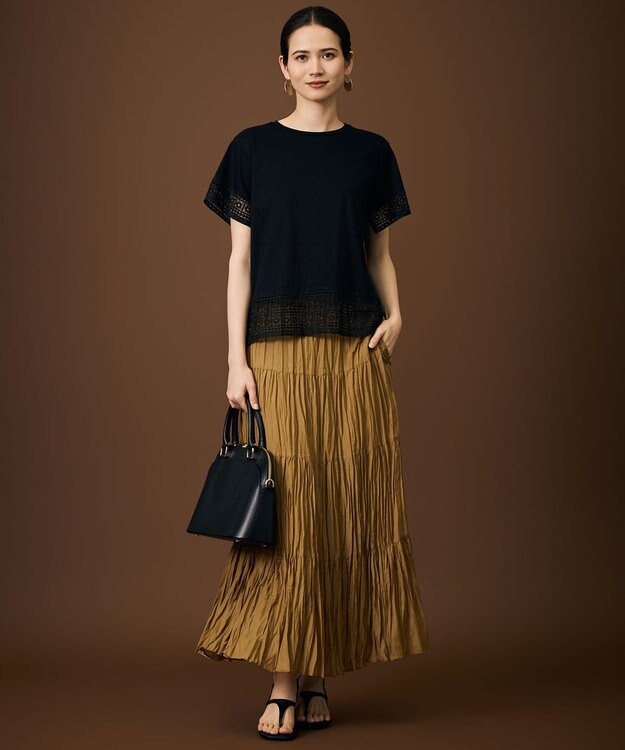 自由区 ナチュラルコットンハイゲージレースドッキング Tシャツ ブラック