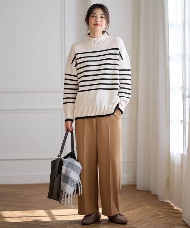 ANY L ラムウールボトルネックプルオーバー エクリュ×ブラック