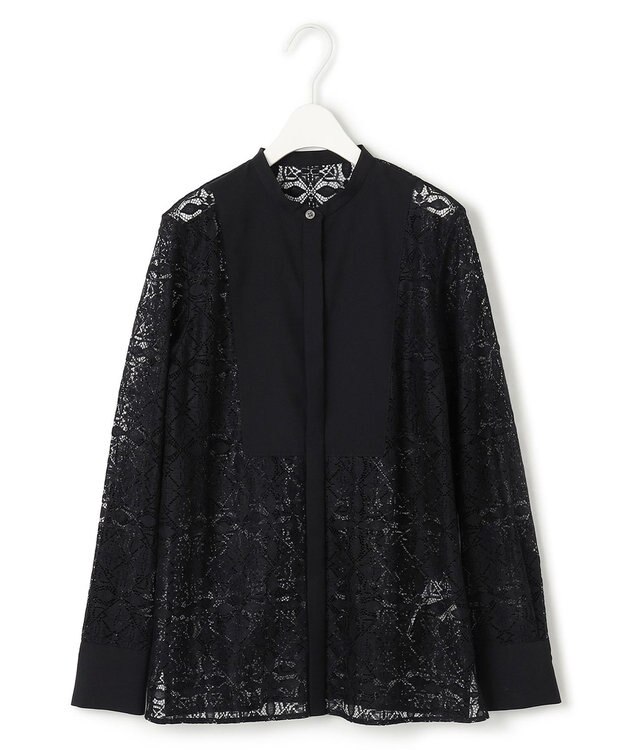 ICB 【洗える】タイルパターンレース バンドカラーシャツ ブラック系