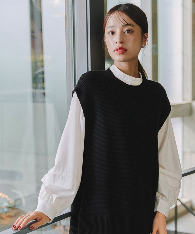 Tiaclasse L 【新色追加・2way・洗える】シャツドッキングニットベスト ブラック