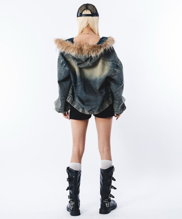 WEGO 【ユニセックス着用ITEM】ファーフードスラッシュデニムブルゾン デニム淡加工色