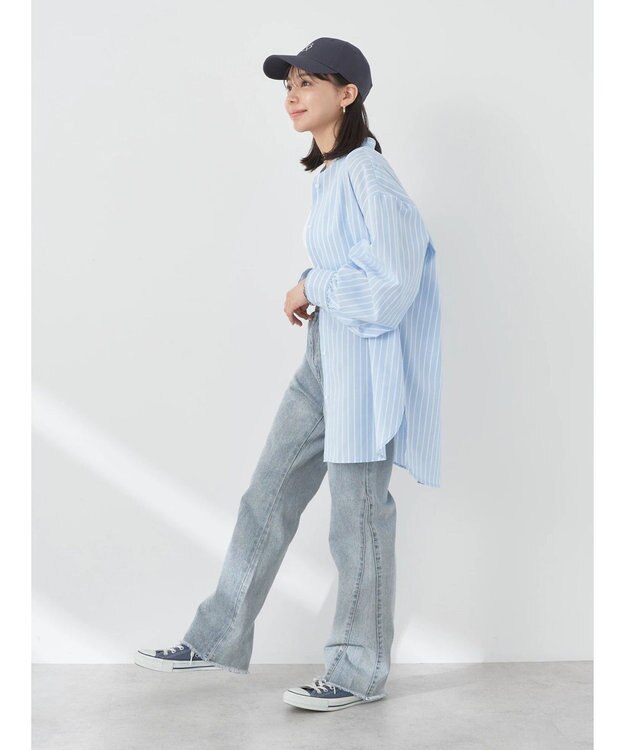 earth music&ecology バンドカラーストライプシャツ Sax