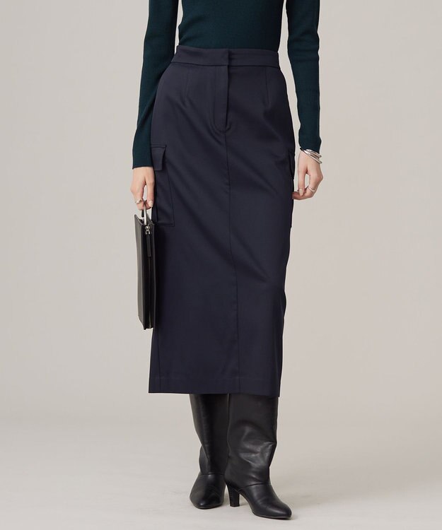 ICB L 【洗える】ウォームサテン カーゴスカート ネイビー系