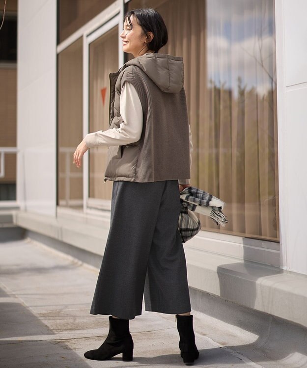 ANY 【洗濯機可/ウエストゴム】ライトツイードワイドパンツ チャコール