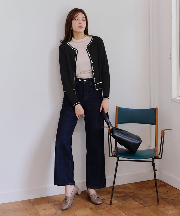 Tiaclasse L 【洗える】配色ラインカーディガン ブラック