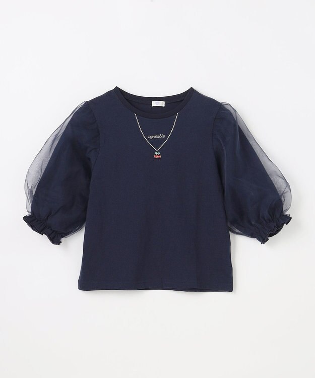 ANY KIDS チュール袖 七分Tシャツ ネイビー