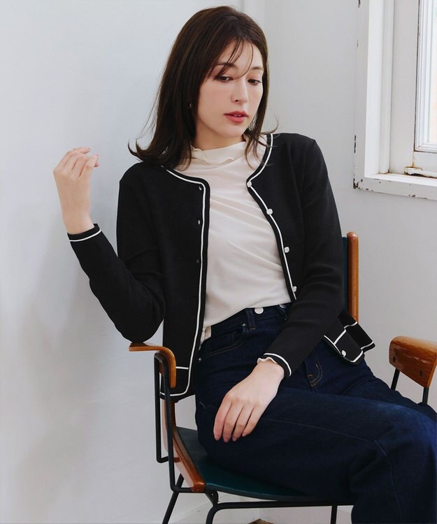 Tiaclasse L 【洗える】配色ラインカーディガン ブラック