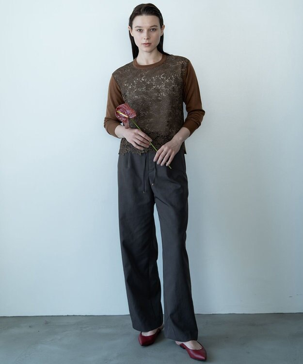 自由区 【カトリエムブーケ】Tricot de dentelle レースプルオーバーニット キャメル