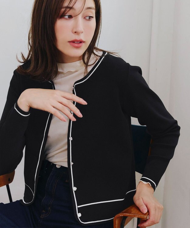 Tiaclasse L 【洗える】配色ラインカーディガン ブラック