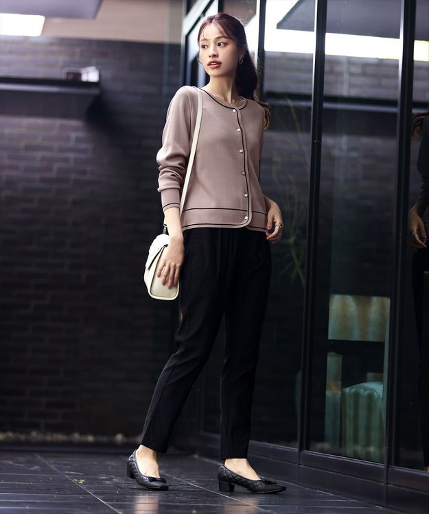 Tiaclasse L 【洗える】配色ラインカーディガン ピンクモカ