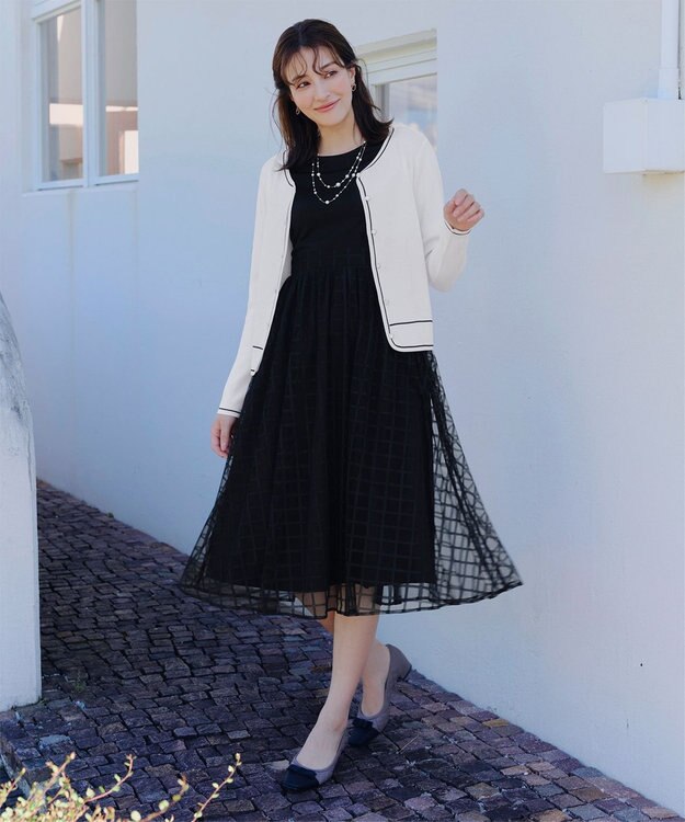 Tiaclasse L 【洗える】配色ラインカーディガン オフホワイト