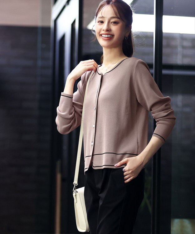 Tiaclasse L 【洗える】配色ラインカーディガン ピンクモカ