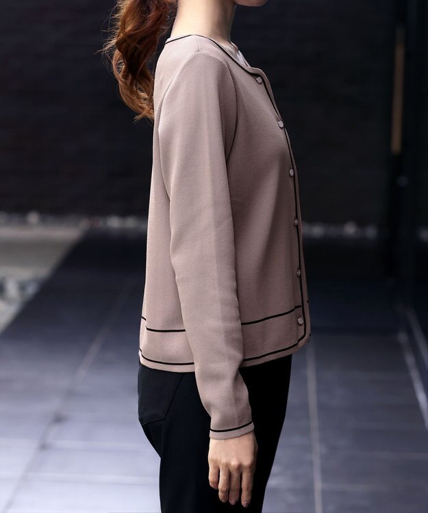 Tiaclasse L 【洗える】配色ラインカーディガン ピンクモカ