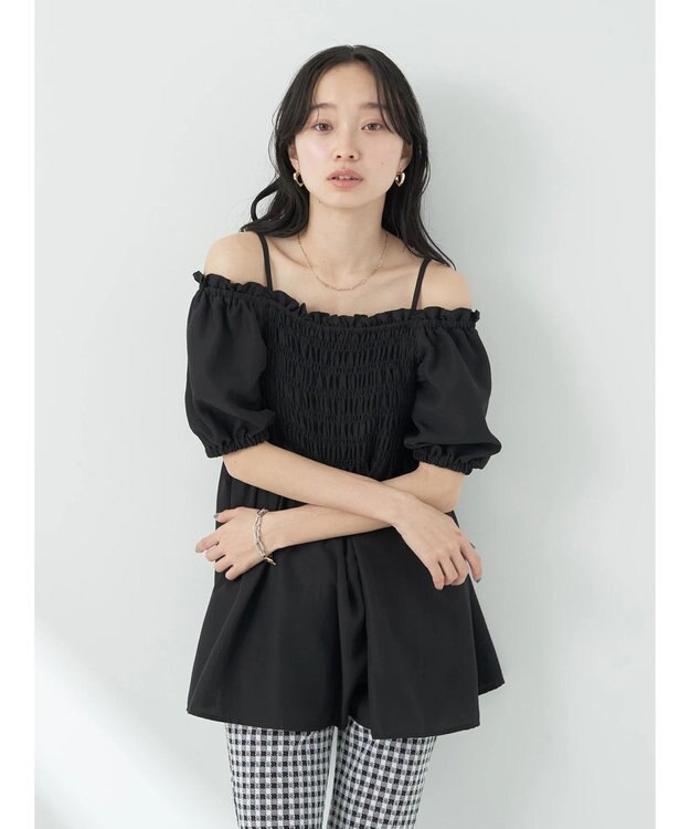 earth music&ecology ２ｗａｙショルダーシャーリングチュニック Black