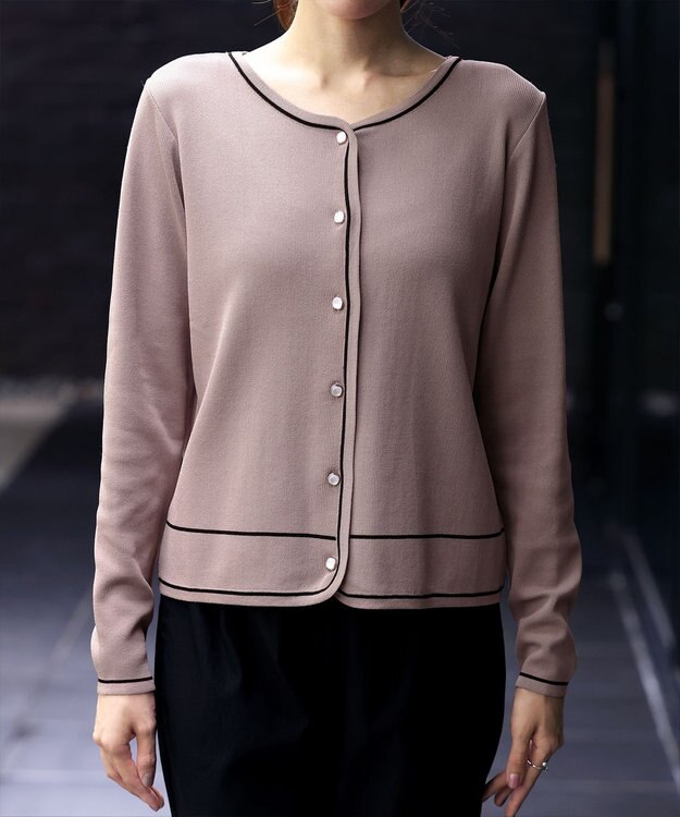 Tiaclasse L 【洗える】配色ラインカーディガン ピンクモカ