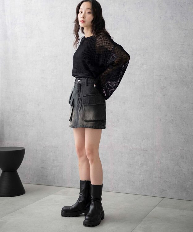 WEGO ヴィンテージウォッシュデニムカーゴミニスカート ブラック