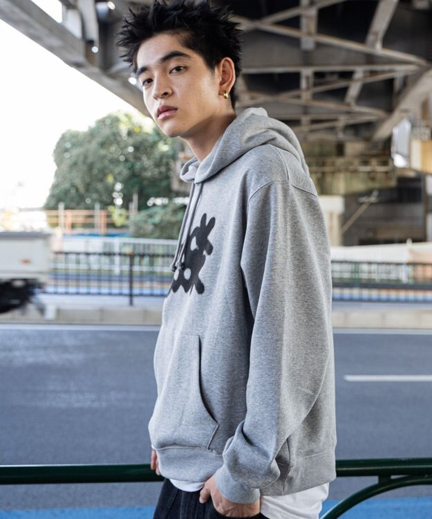 WEGO 【ユニセックス着用ITEM/裏起毛/SMLサイズ展開】リラックスフィットスプレーグラフィックパーカー 杢グレー