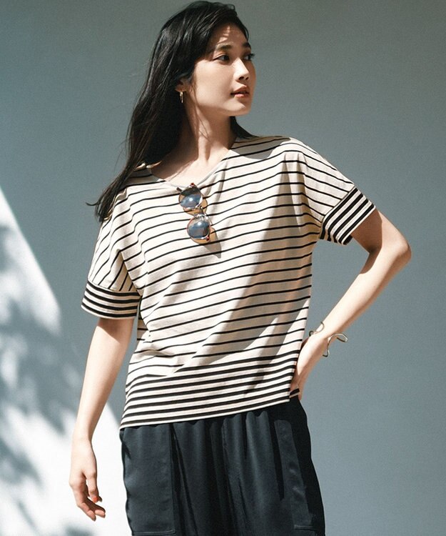 23区 S 【洗える】ランダムボーダー ドルマン カットソー サンド×ブラックボーダー