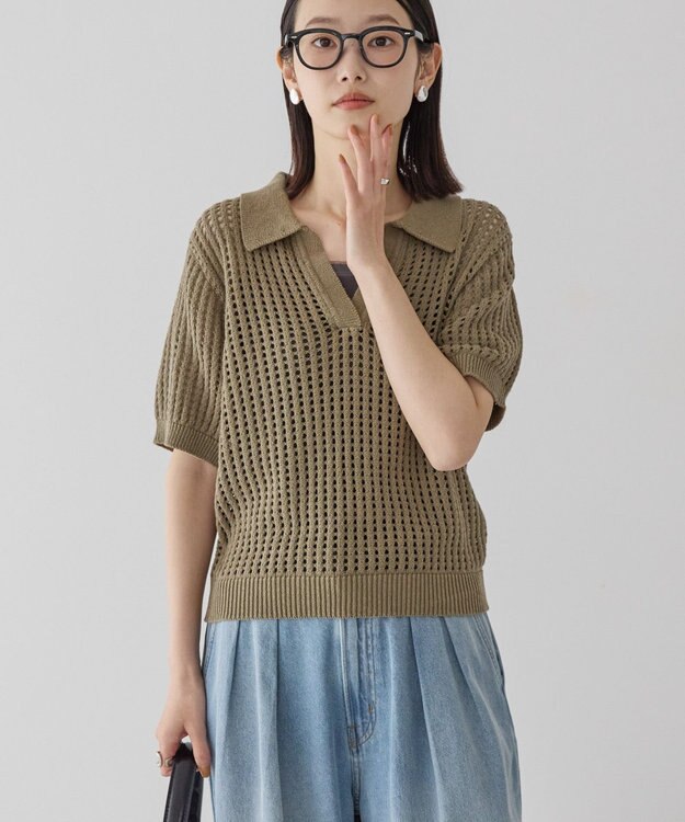 AMERICAN HOLIC 衿付きメッシュ編み半袖ニットプルオーバー Olive