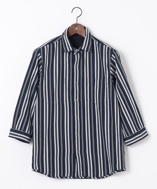 JOSEPH ABBOUD 【1枚で2通りの着こなし】オーガニックコットンリバーシブル 七分袖シャツ ネイビー系1