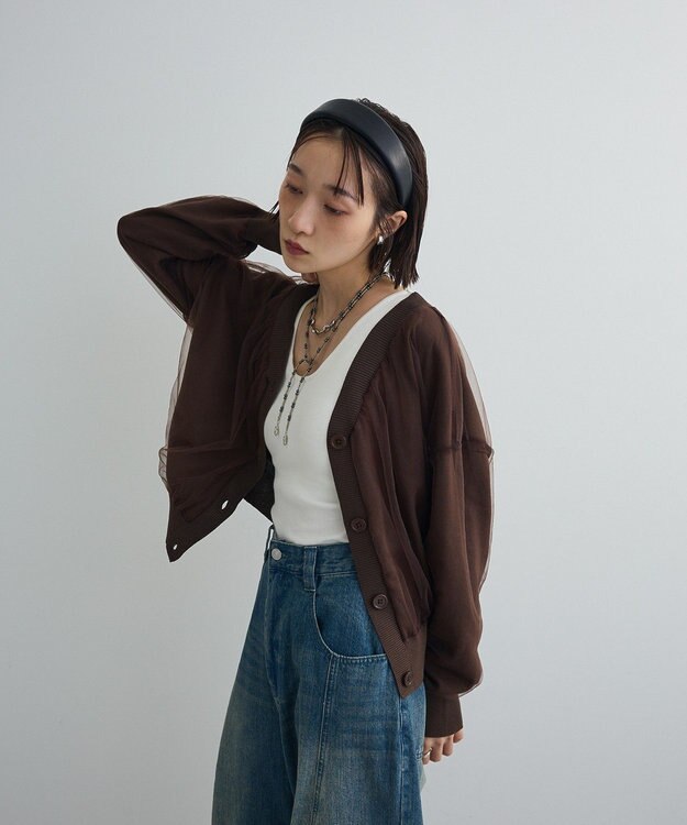 Green Parks チュールドッキングＶネックニットカーディガン Brown