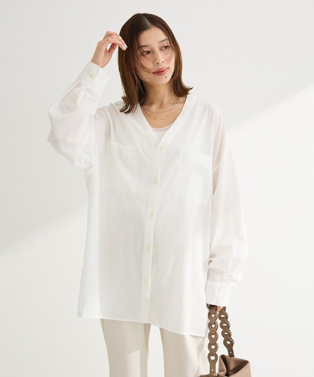 Green Parks 綿麻混Ｖネックオーバーサイズシャツ Off White