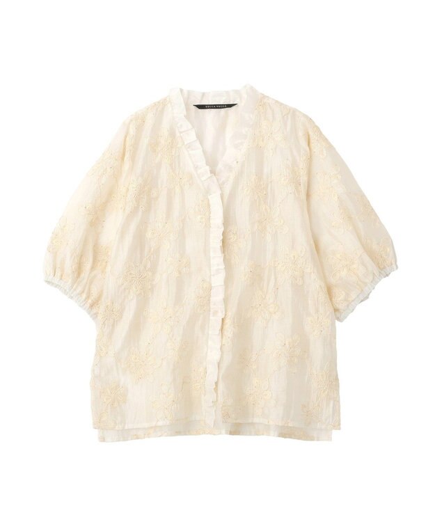 YECCA VECCA フリルVネック刺繍シアーシャツ Ivory