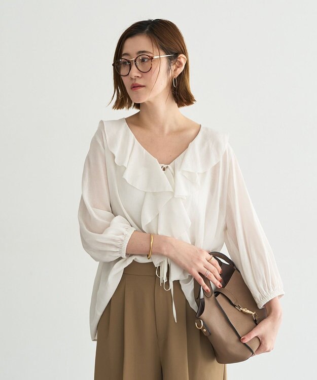 YECCA VECCA ラッフルリボンシアーブラウス Off White