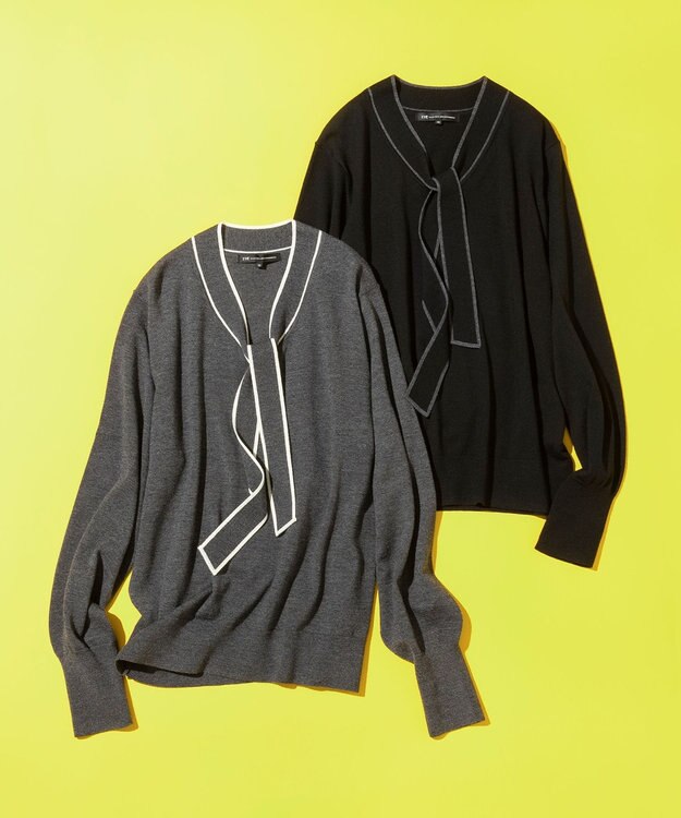 23区 L 【洗える】ウーステッドウール ボウタイ ニット グレー系