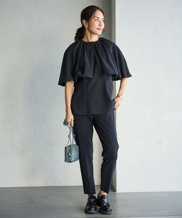 #Newans ＜亀恭子さんコラボ＞取り外し可能ケープ付きペプラムブラウス ネイビー