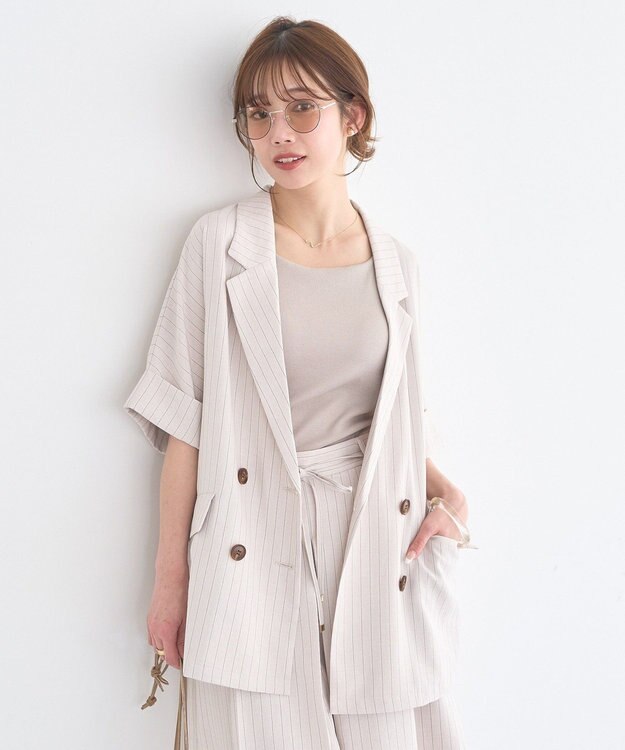 earth music&ecology 【セットアップ対応】リネンライクダブルジャケット Stripe Ivory