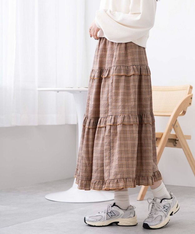 WEGO 【ウエストゴム】フリルティアードボリュームスカート オレンジチェック1