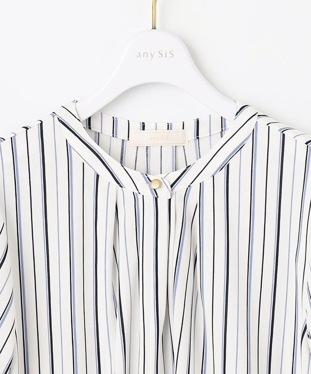 ANY SIS 【接触冷感・吸水速乾・UVケア】エアリードレープスムース 七分袖ブラウス オフストライプ