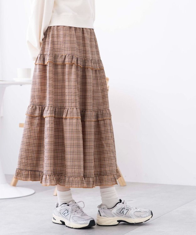 WEGO 【ウエストゴム】フリルティアードボリュームスカート オレンジチェック1